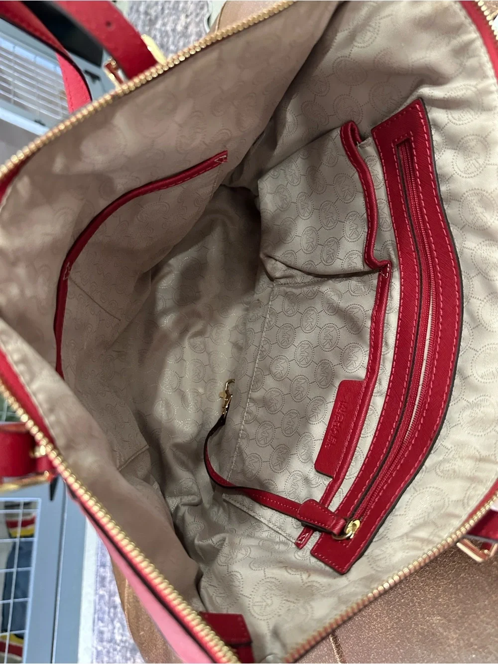 Michael Kors Red Saffiano Tote with Gold MK Charm